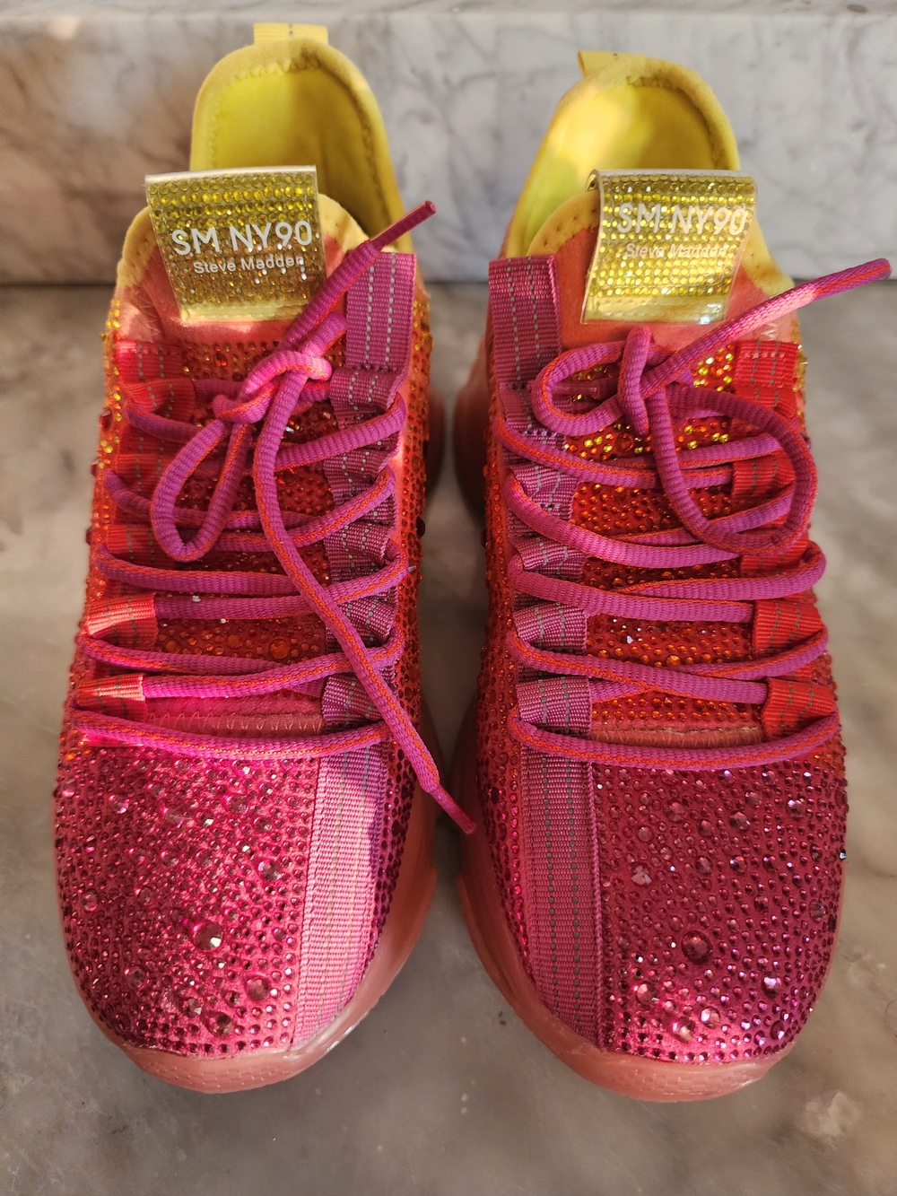 Steve Madden Hot Pink Crystal Knit Lace-Up Sneakers with Gold Accents